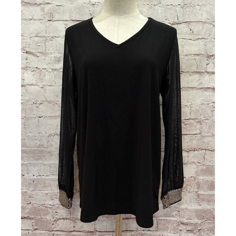 Anne Klein Blouse Top SMALL Sheer Sleeves Black Gold Metallic Knit NEW Evening